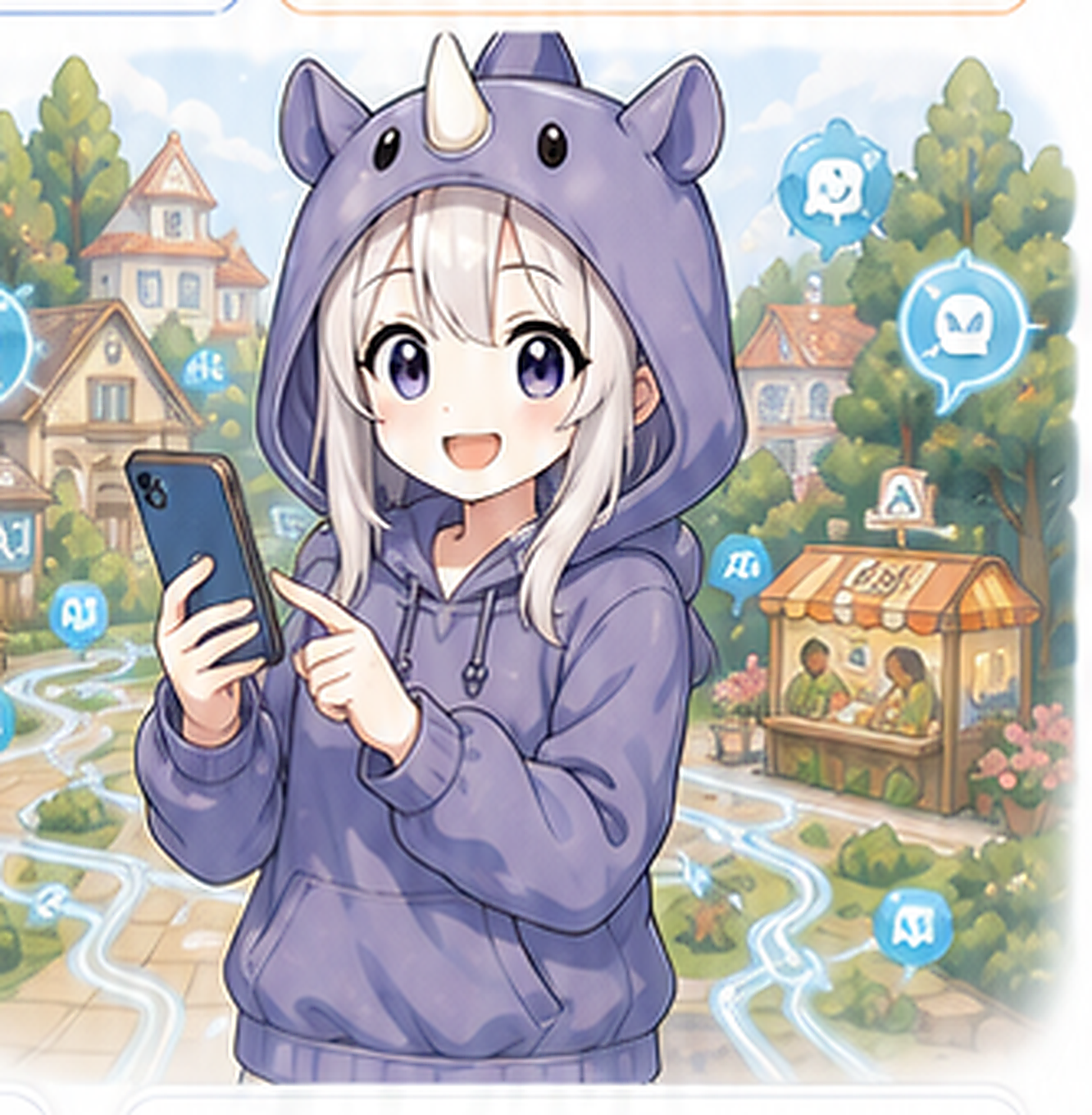 AIパークの街並みで、スマートフォンを持って案内するSAI